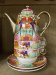 TEAPOT AND CUPS MILANO TEA FOR TWO GOLD RED PARROT 