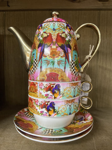 TEAPOT AND CUPS MILANO TEA FOR TWO GOLD RED PARROT 