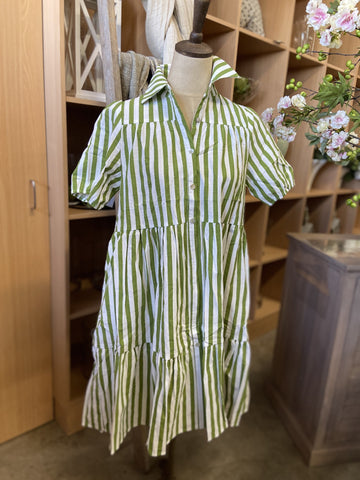 DRESS ELLIE GREEN STRIPE TIERED SMALL 