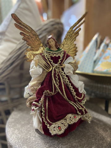 RED/GOLD ANGEL WITH HARP PMACHE 25CM 