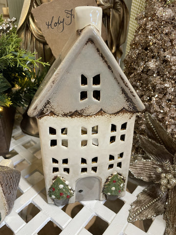 CHRISTMAS TEA LIGHT HOUSE STONE POTS MEDIUM