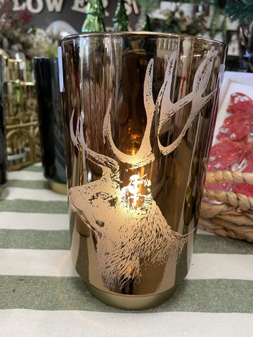 GLASS LED HURRICANE BURGUNDY DEER