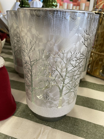 GLASS LED HURRICANE SILVER TREES