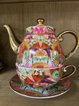 TEAPOT & CUP FOR ONE GOLD RED PARROT 