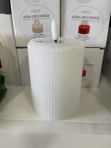 CANDLE LED AURA RIBBED WHITE MED
