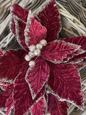 CLIP ON FABRIC POINSETTIA BURGUNDY CHAMPAGNE