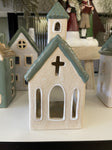 CHURCH TEALIGHT CERAMIC FAWN GREEN