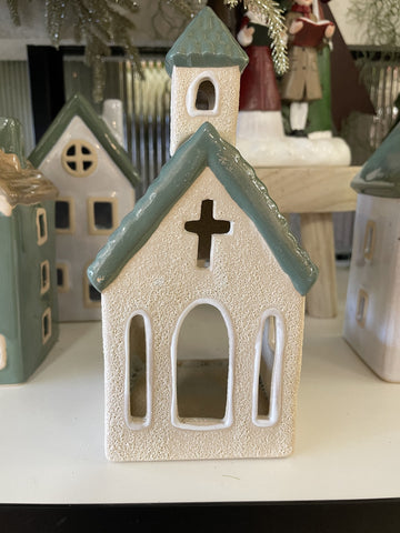 CHURCH TEALIGHT CERAMIC FAWN GREEN
