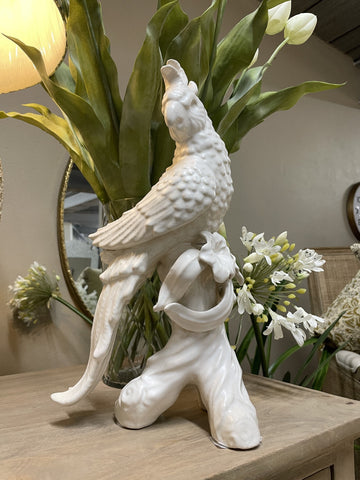COCKATOO ON LOG SCULPTURE IVORY 23x14x39cm